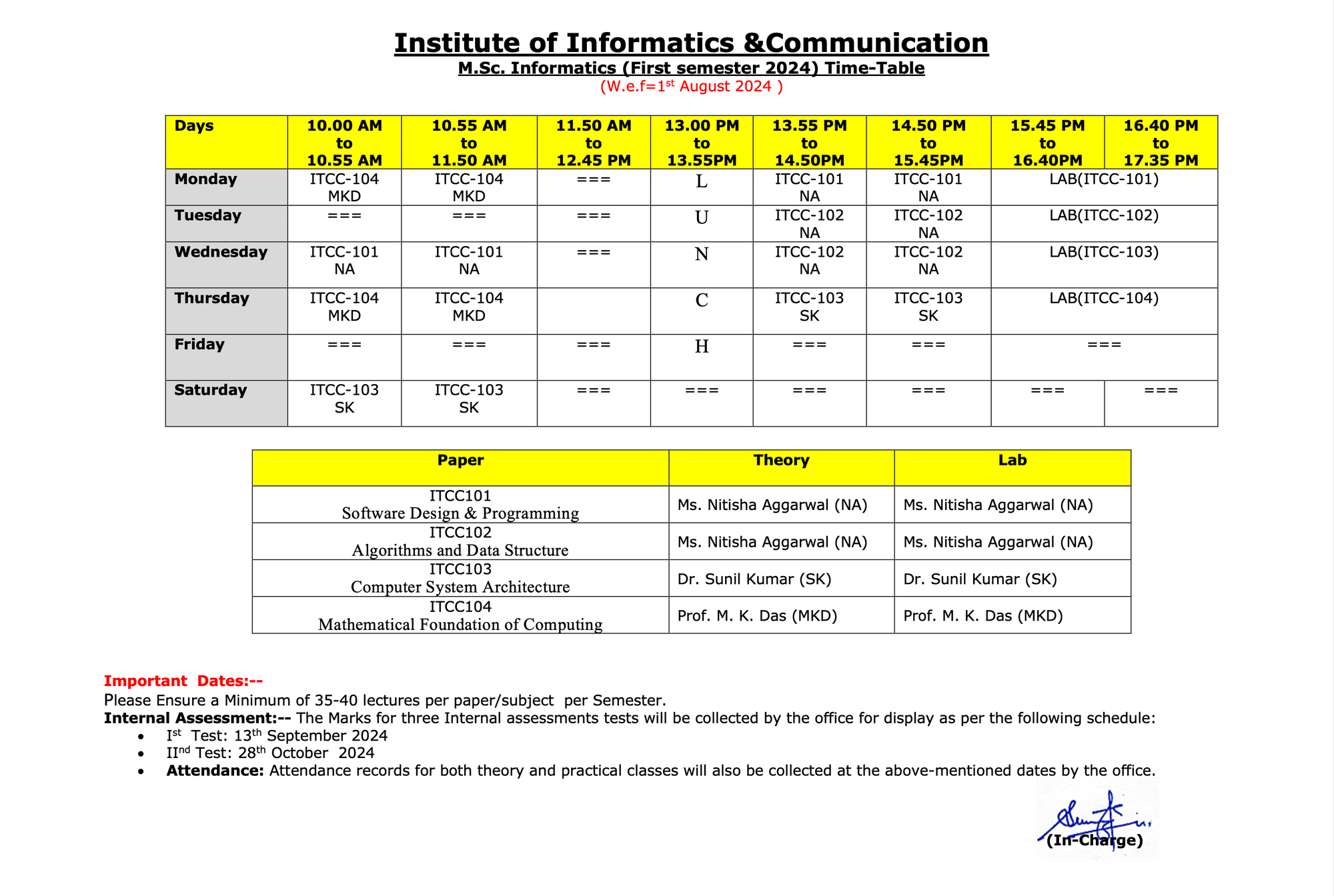 Time Table 1st Semester 2024